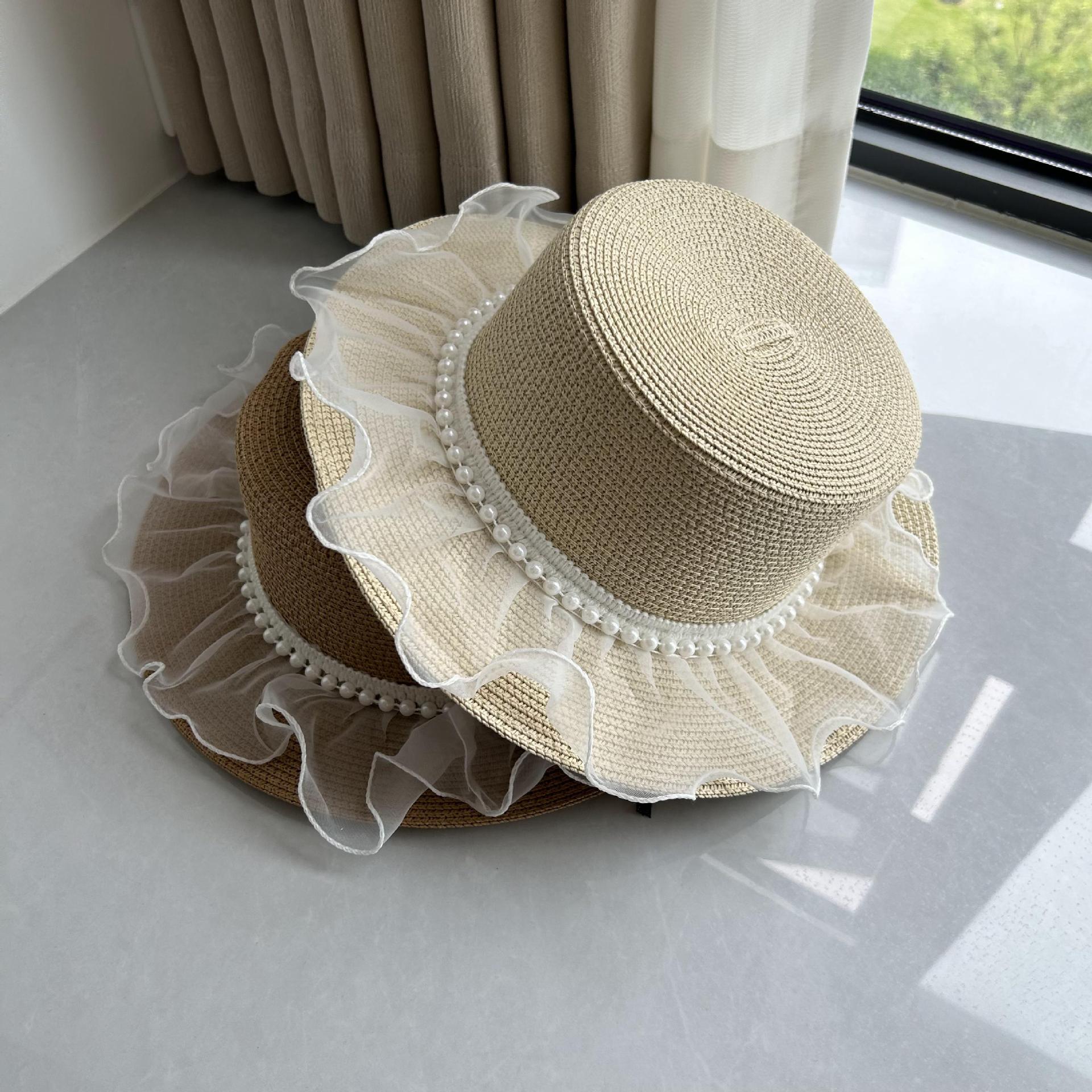 韩国蕾丝网纱珍珠平顶礼帽女夏天出游防晒遮阳沙滩帽日系百搭草帽
