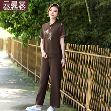 中年妈妈装夏装套装休闲运动服中老年女装中式国风短袖T恤两件套