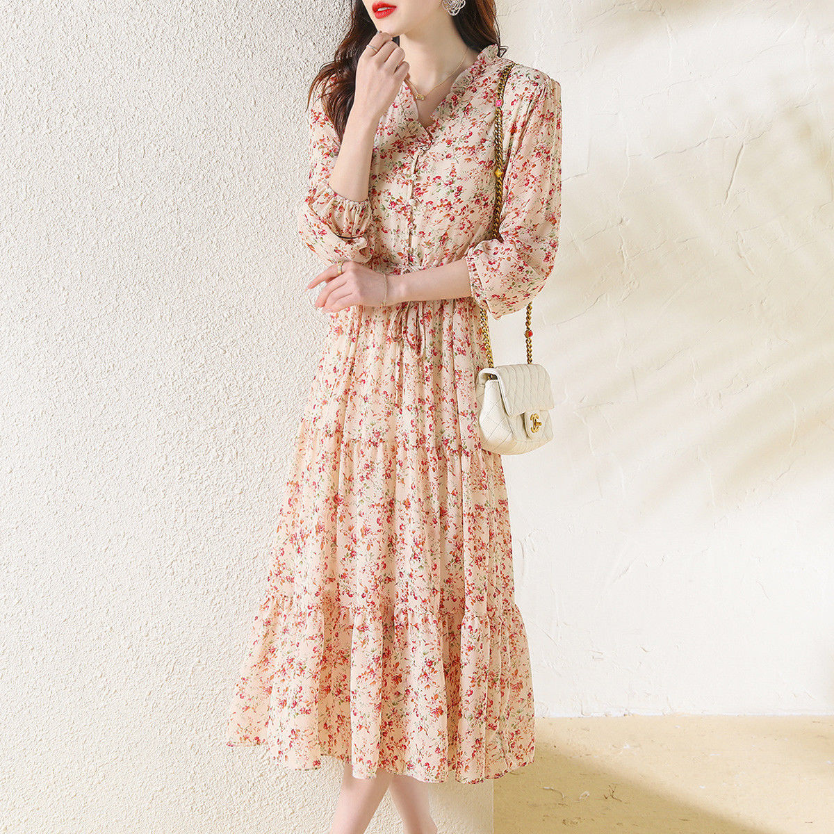 2022春季新款甜美浪漫法式碎花裙子雪纺裙淑女风洋气连衣裙