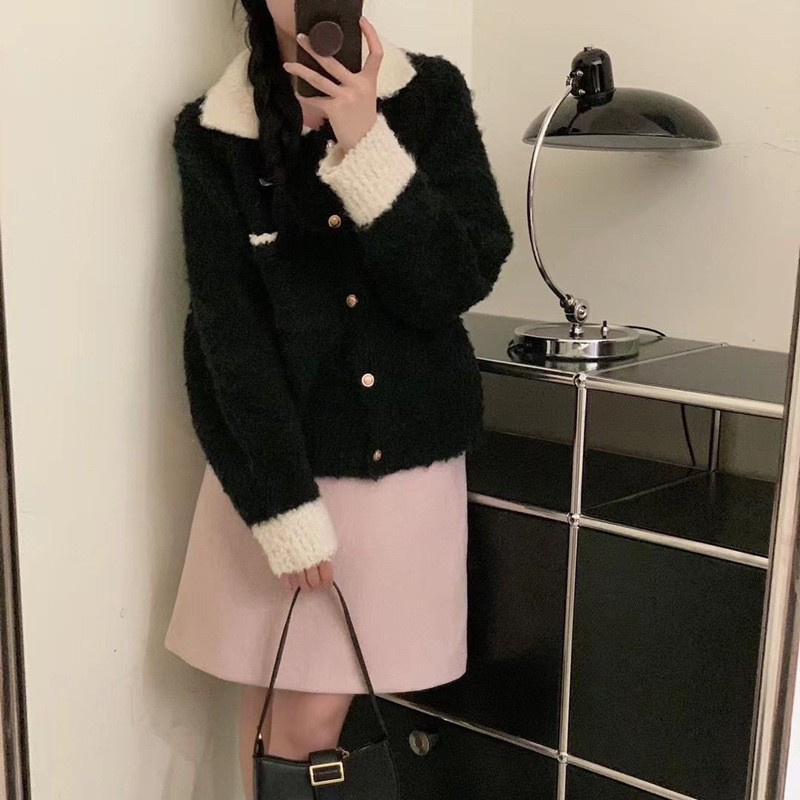 毛绒感韩版小香风翻领秋冬季黑色外套拼色毛衣翻领上衣针织开衫女
