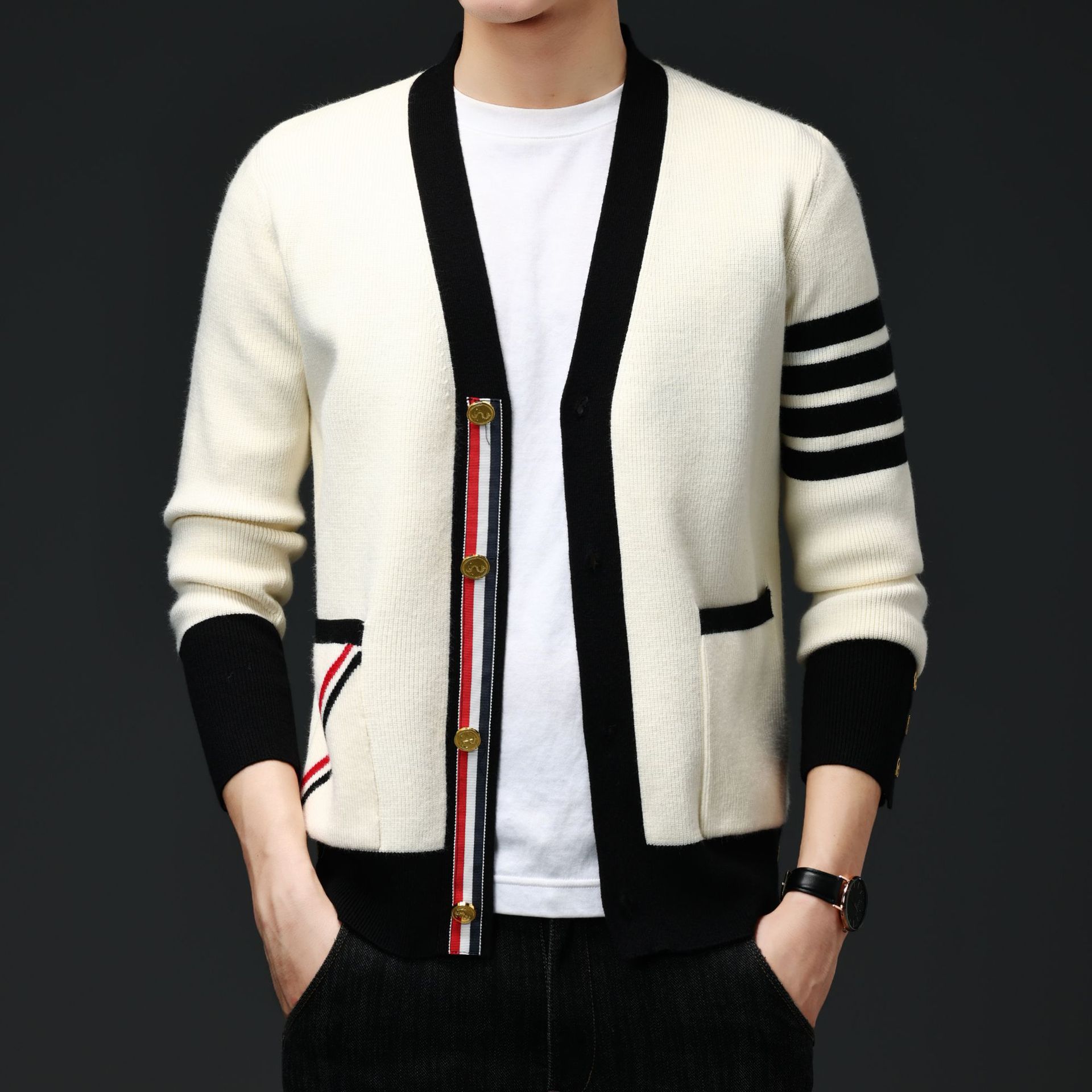 毛衣男士针织开衫秋冬季新品现货tb条纹高端时尚青年男装毛衣外套