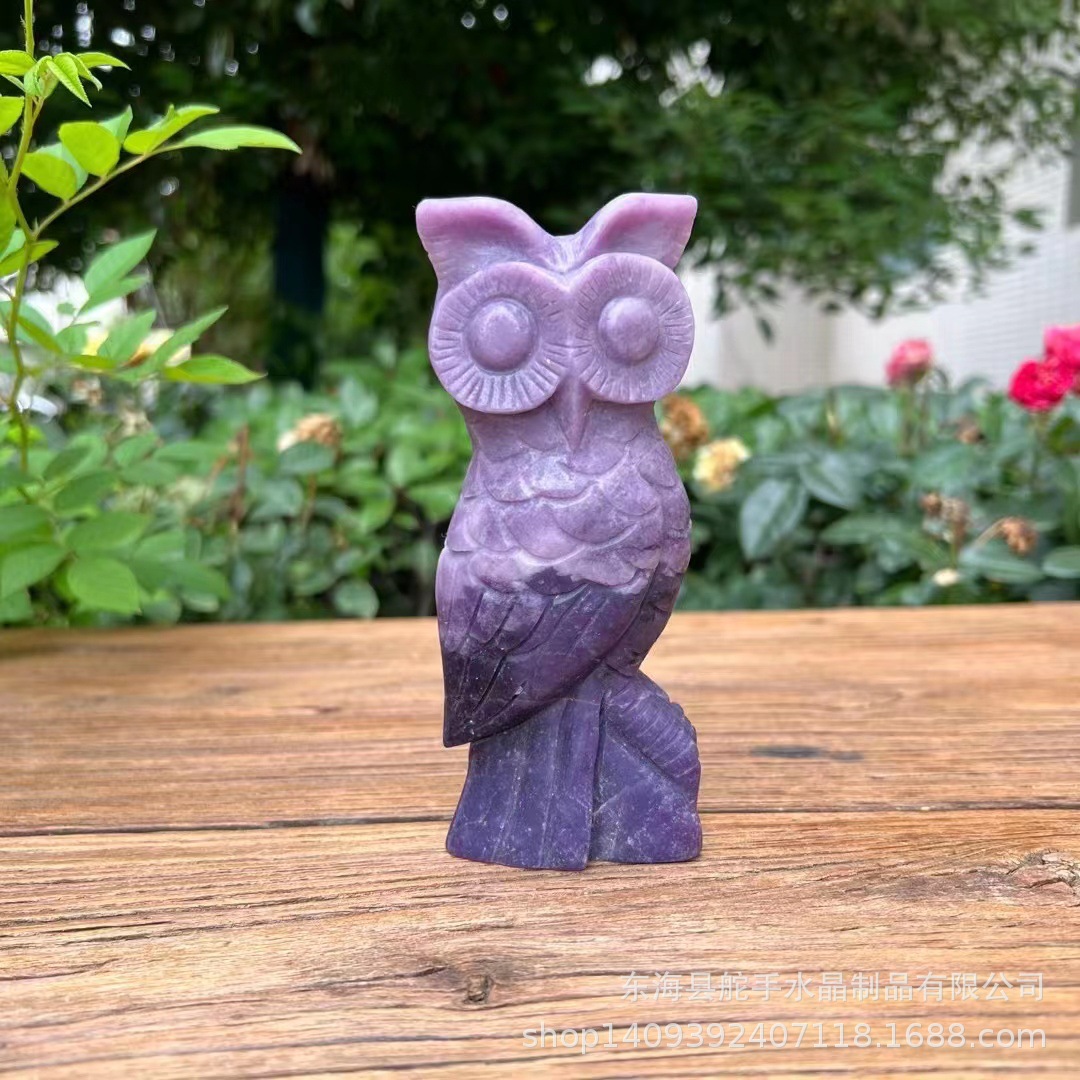lepidolite跨境热销品天然紫云母雕刻猫头鹰摆件工艺品家居能量源