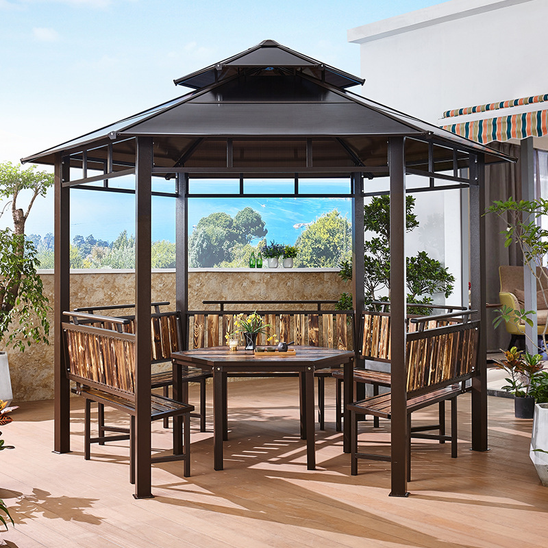 六角户外凉亭遮阳遮雨棚农家乐花园别墅庭院室外移动组装楼顶亭子