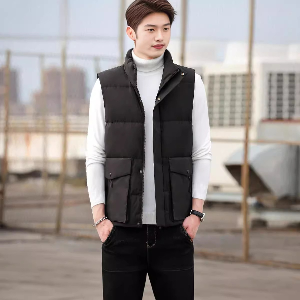 秋冬季新品羽绒马甲男90白鸭绒时尚立领工装立体坎肩无袖外套厂家