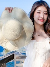 防晒太阳帽子女夏天网红时尚珍珠编织草帽遮阳海边沙滩清凉复古