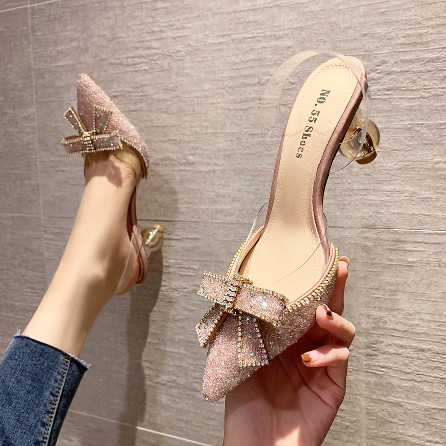 6111-2 European and American Sexy Pointed-Toe Bowknot High Heels Internet Hot Rhinestones Sandals Hollow out One-Word Transparent Strap Women's Shoes