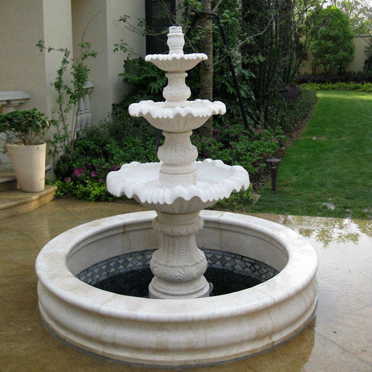 欧式汉白玉三层石雕喷泉 景观水池石雕喷泉 石雕喷泉安装设计