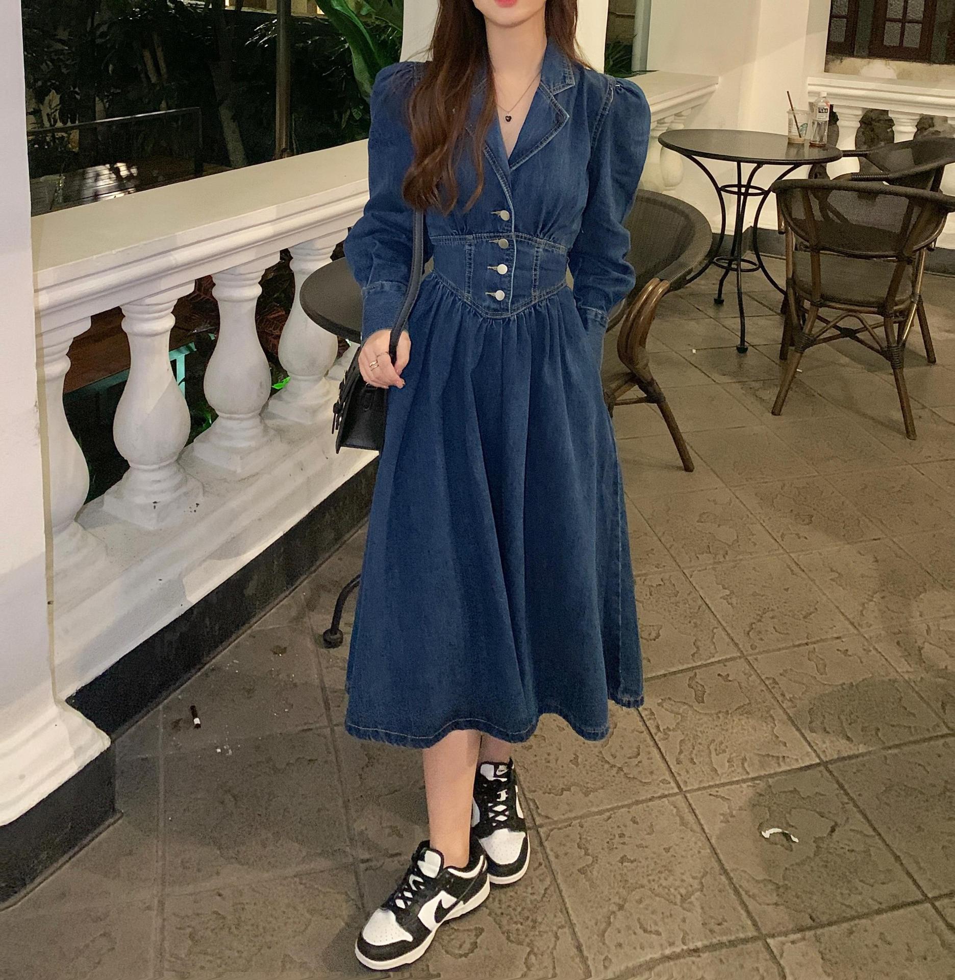 2022春韩系气质收腰显瘦牛仔连衣裙女简约实穿复古长袖裙子