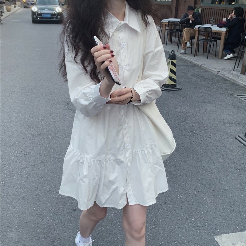 2023春秋新款小个子法式白色连衣裙子女设计感小众长袖A字衬衫裙