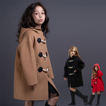 中大儿童双面羊毛大衣牛角扣连帽外套韩版男女童中长款羊绒呢大衣