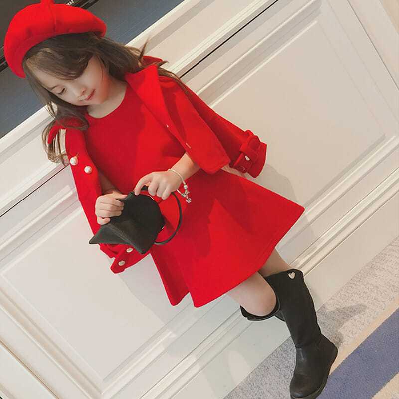 女童网红套装裙秋冬季红色时髦外套小女孩过年衣服洋气毛呢三件套