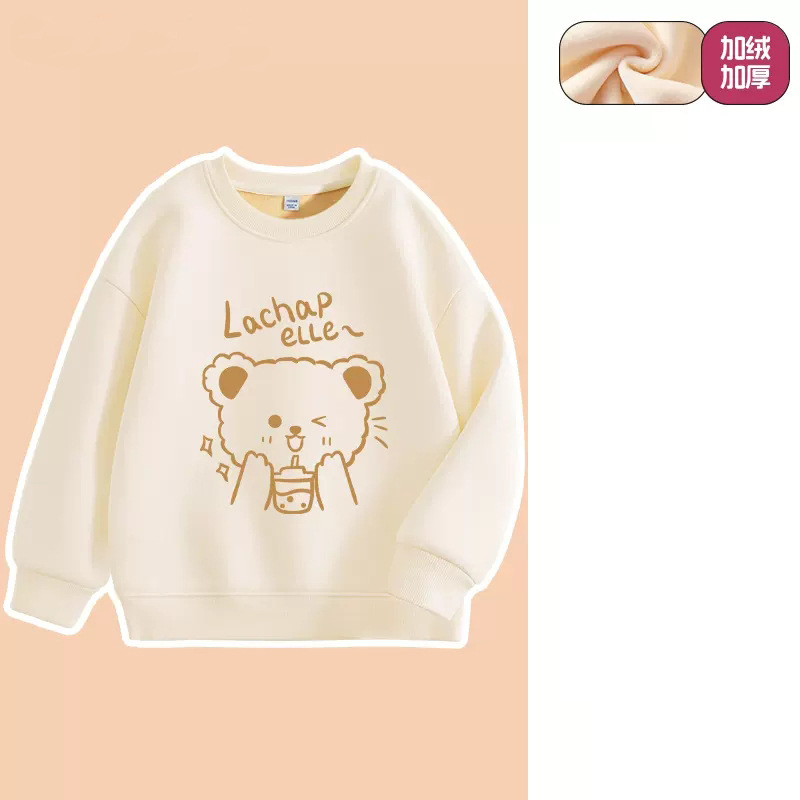 Girls' Fleece-Lined Sweater Cartoon Children's round Neck Top Children's 2023 New Printed Autumn and Winter Thick Winter Clothes