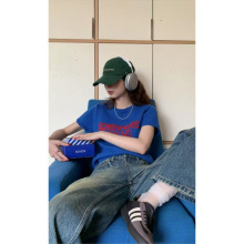 复古字母短袖针织衫秋季韩版撞色短款圆领上衣女