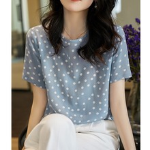 外贸跨境2024夏季新款韩版法式经典仿桑蚕丝晴空蓝波点短袖上衣女