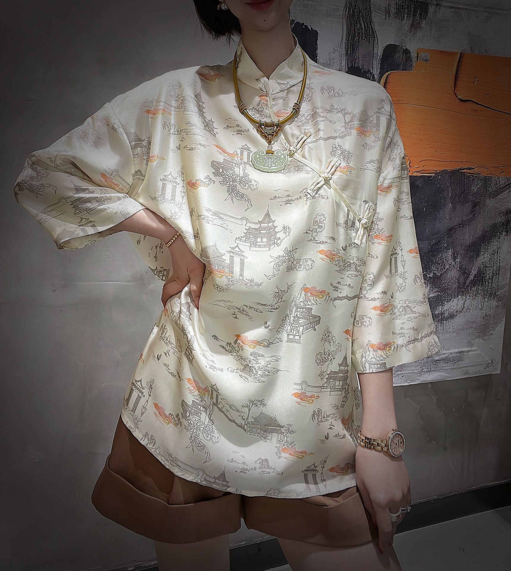 盘扣中国风上衣女桑蚕丝中式改良复古印花真丝缎立领衬衫南油批发