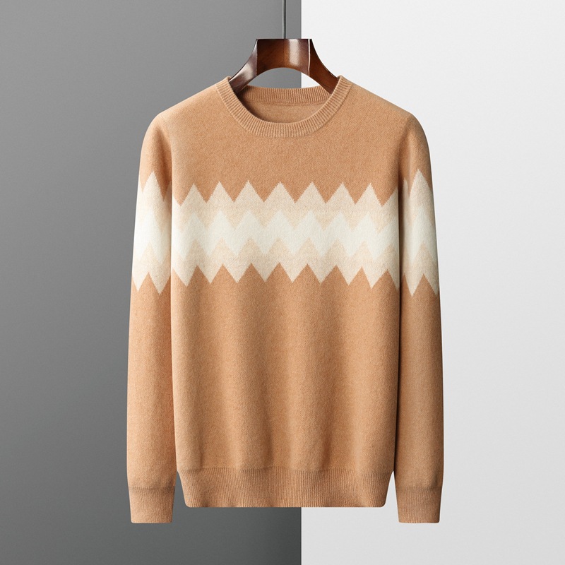 100%纯羊毛衫男士圆领波浪花纹提花加厚毛衣秋冬款长袖内搭针织衫