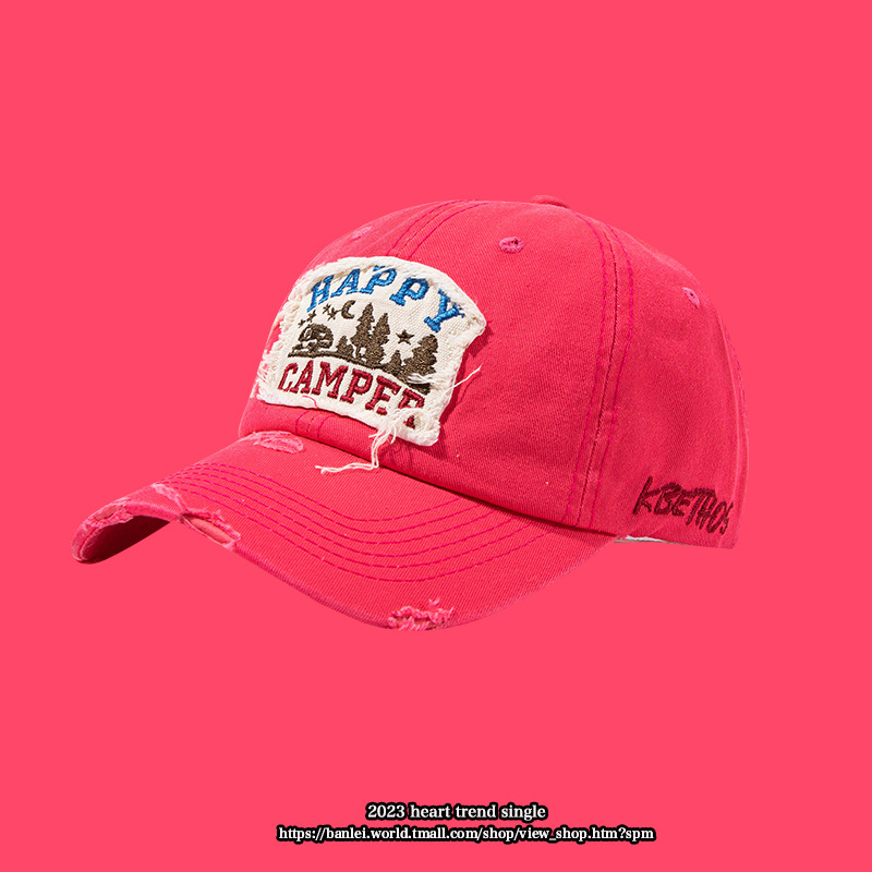 Casual Curved Brim All-Match American Hole Patch Face-Looking Small Peaked Cap Female Couple Big Head Circumference Beige Baseball Hat