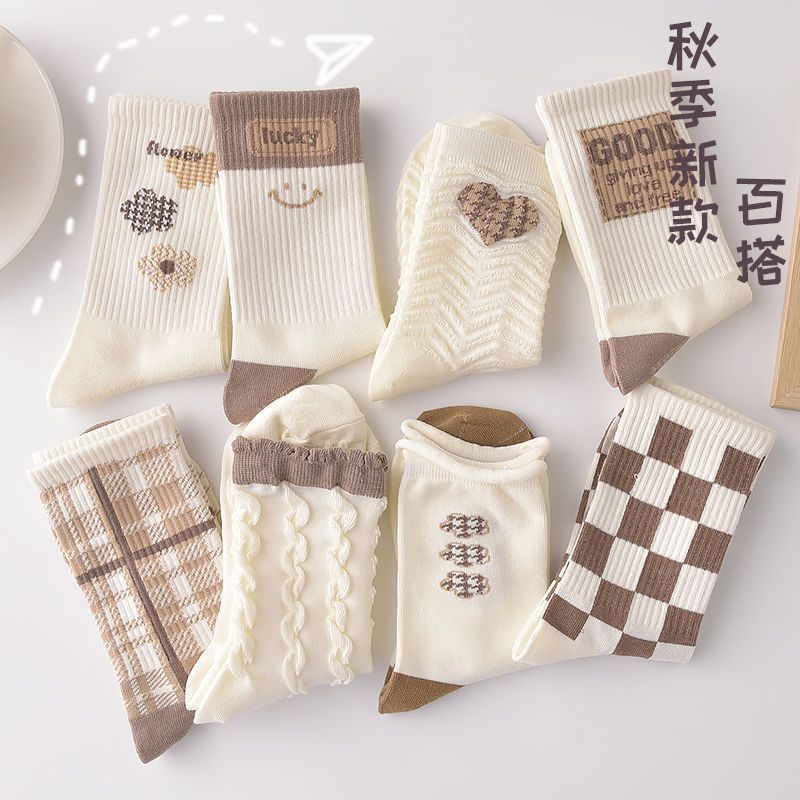 Socks Women's Mid Tube Stockings Autumn and Winter White Japanese Style Stripe Plaid Ins Trendy Students' Socks Long Socks