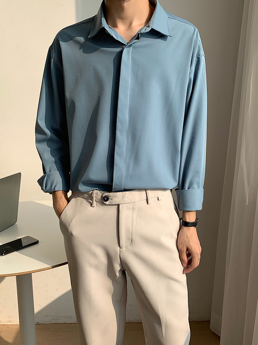 春夏高级感休闲长袖衬衣免烫宽松雪纺垂坠感冰丝衬衫男韩版潮流帅