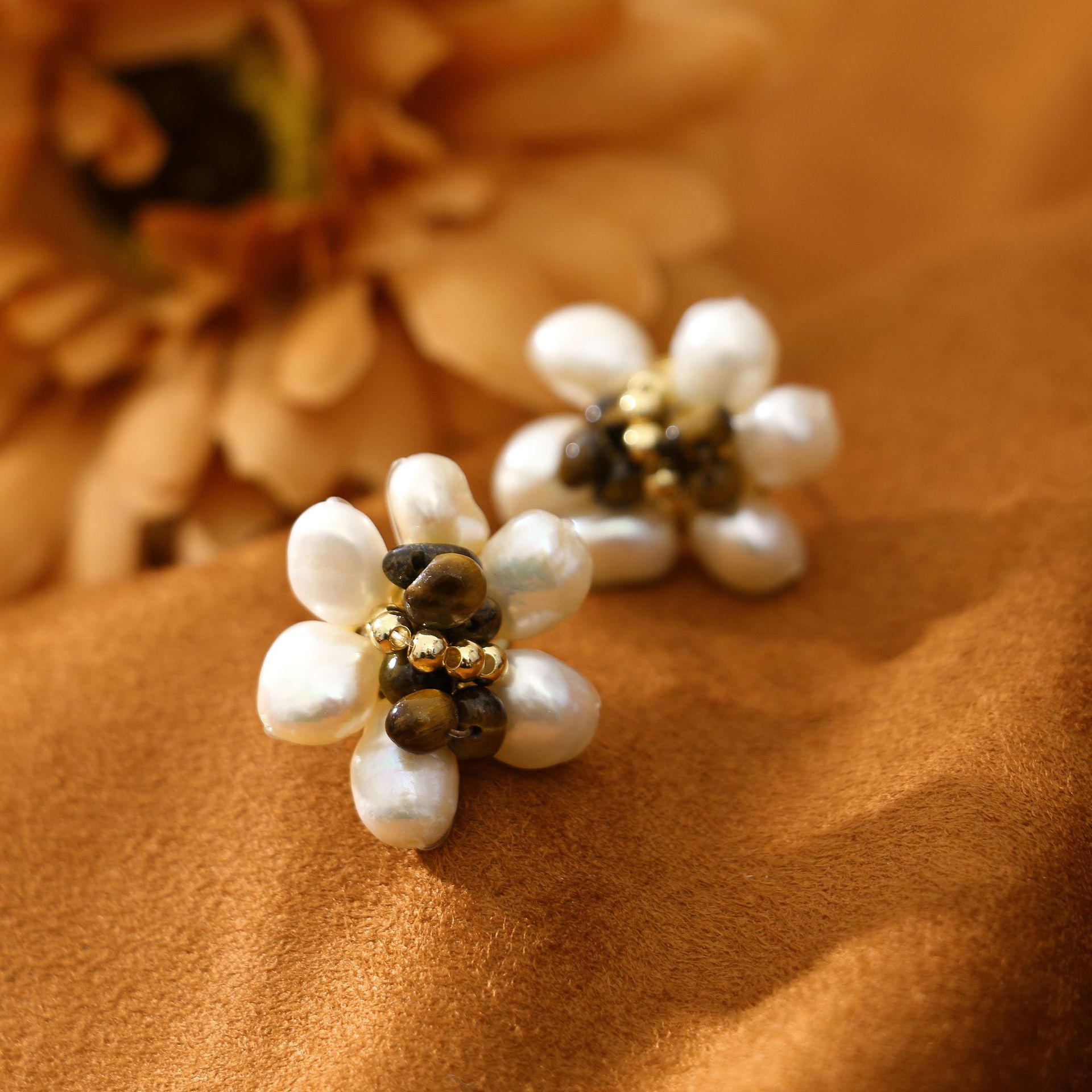 Hand-Woven Tigereye Stud Earrings Fresh Water Pearl Earrings Retro High Sense Temperament Entry Lux Autumn and Winter Special-Interest Earrings