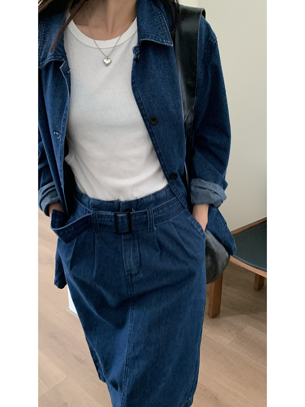 新款初秋休闲牛仔套装女长款外套 a字半身裙女【配腰带】-阿里巴巴