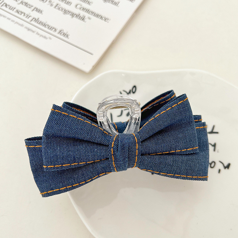 Denim Bow Barrettes Korean Style Retro Cloth Hair Accessories Grip Updo 2023 Spring New Shark Clip Headdress