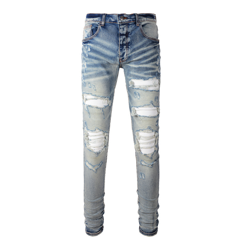 Fashion Retro Fashion Brand Men's Jeans Washed Make Old Ripped Patch Stretch Slim Fit Skinny Men's Jeans