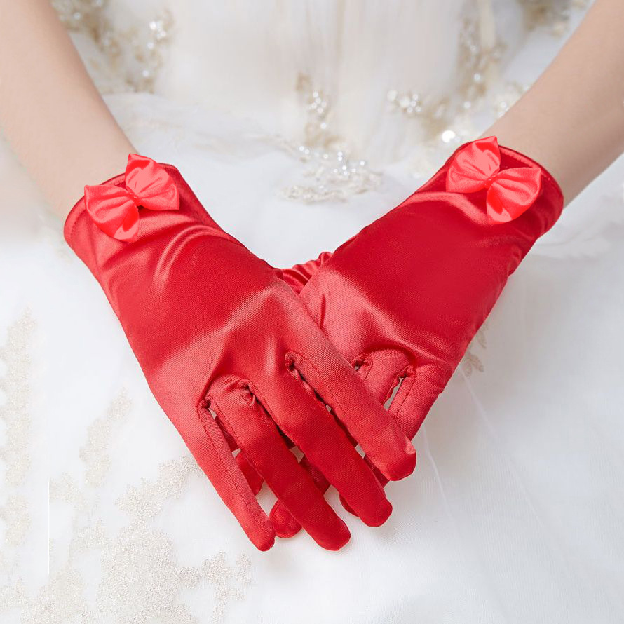 新娘手套缎面色丁短款婚纱礼服旗袍走秀蝴蝶结缝珍珠婚礼手套代发