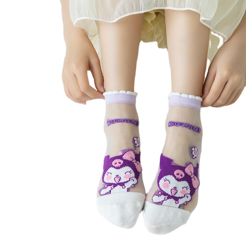 Summer Thin Children's Cotton Socks Crystasilk Sock Mesh Breathable Ice Silk Girls'socks Cute Clow M Glass Stockings