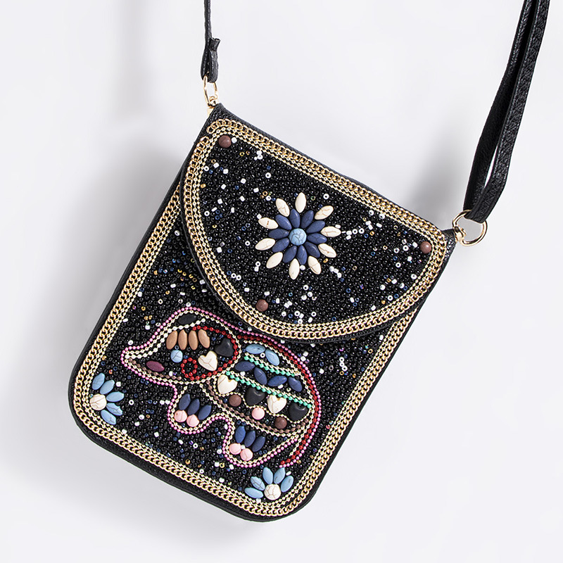 New Heavy Industry Bohemian Style Bead Shell Flower Exquisite Pu Trip Shoot One Shoulder Crossbody Magnetic Snap Women's Square Bag