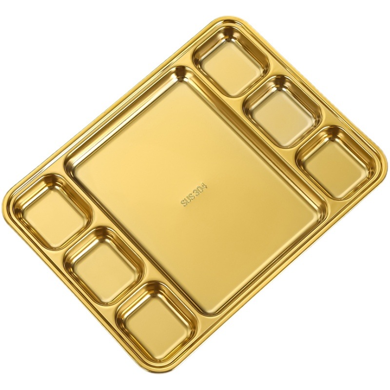 Hz473 Stainless Steel 304 Grid Plate Golden Snack Plate Square Multi-Slot Dinner Plate Roast Duck Plate Barbecue Sauce Tray