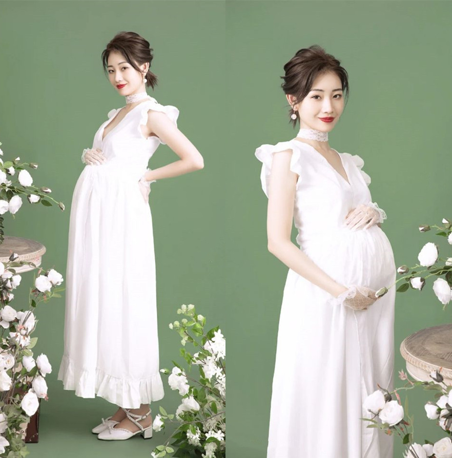 新款孕妇拍照服装法式复古白色礼服影楼孕期摄影服写真主题服装女