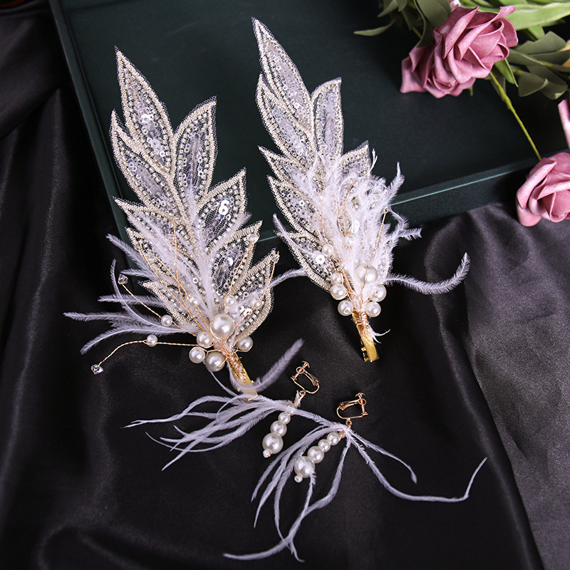 韩式羽毛发夹头饰森系礼服婚纱影楼拍摄发饰街拍新娘盘发对夹配饰