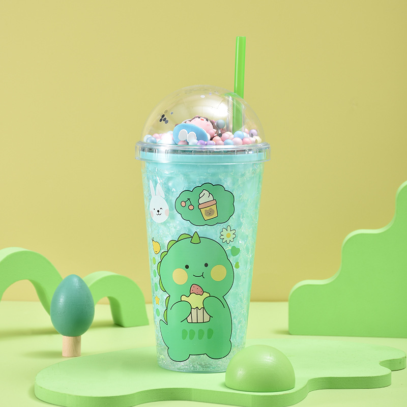 Creative Cartoon Double-Layer Cup with Straw Little Dinosaur Student Crushed Ice Cup Cute Portable Children Plastic Cup