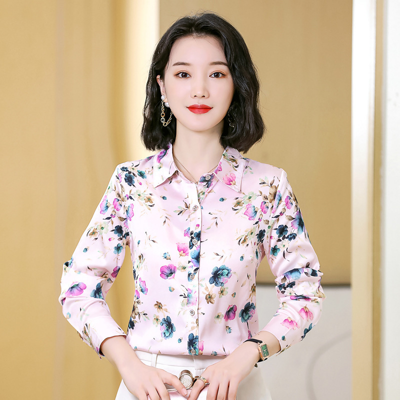 真丝印花衬衫女长袖2021秋季新款修身气质上衣时尚翻领桑蚕丝衬衣