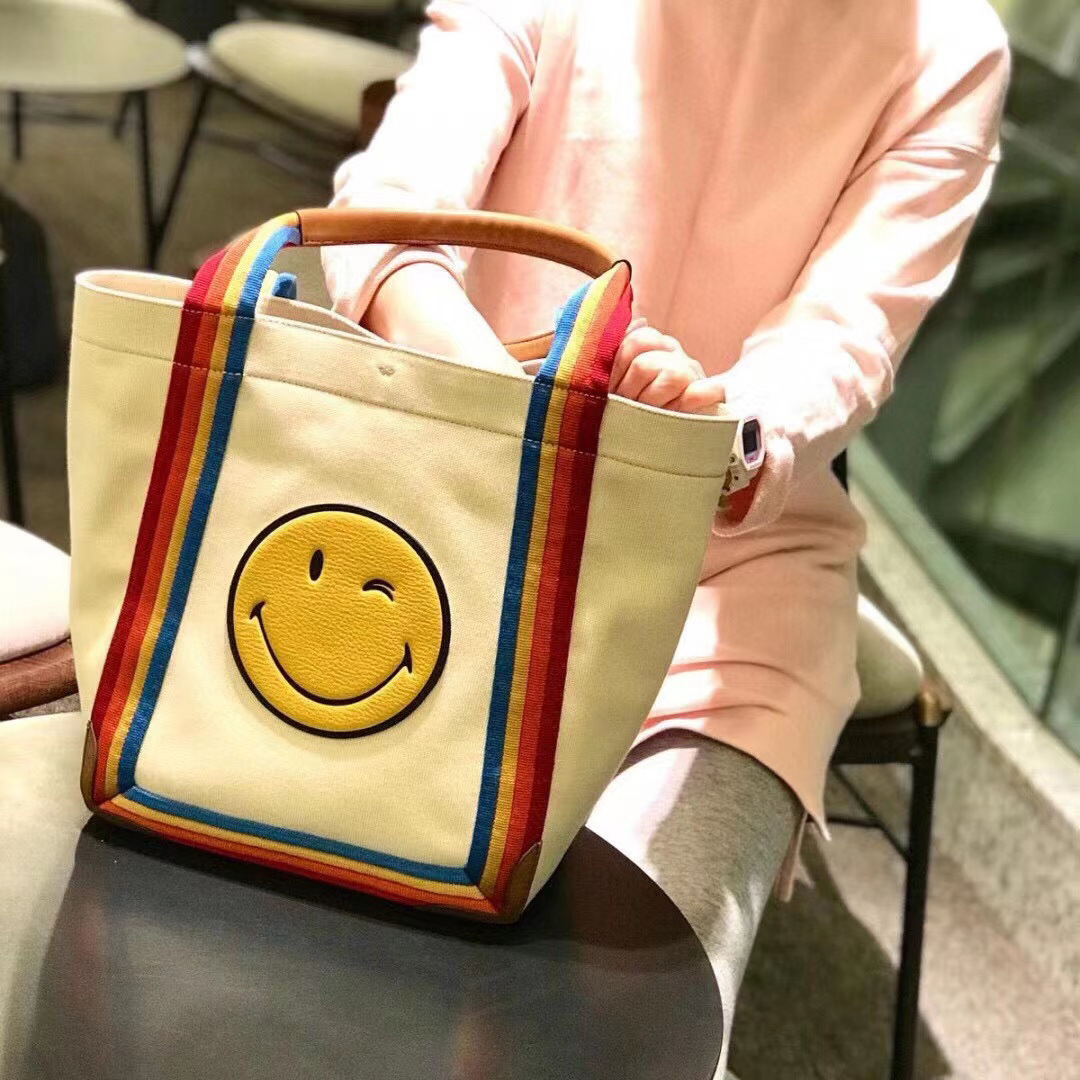 安雅any*手提帆布女夏莉贝琳同款大容量彩虹单肩购物托特笑脸包