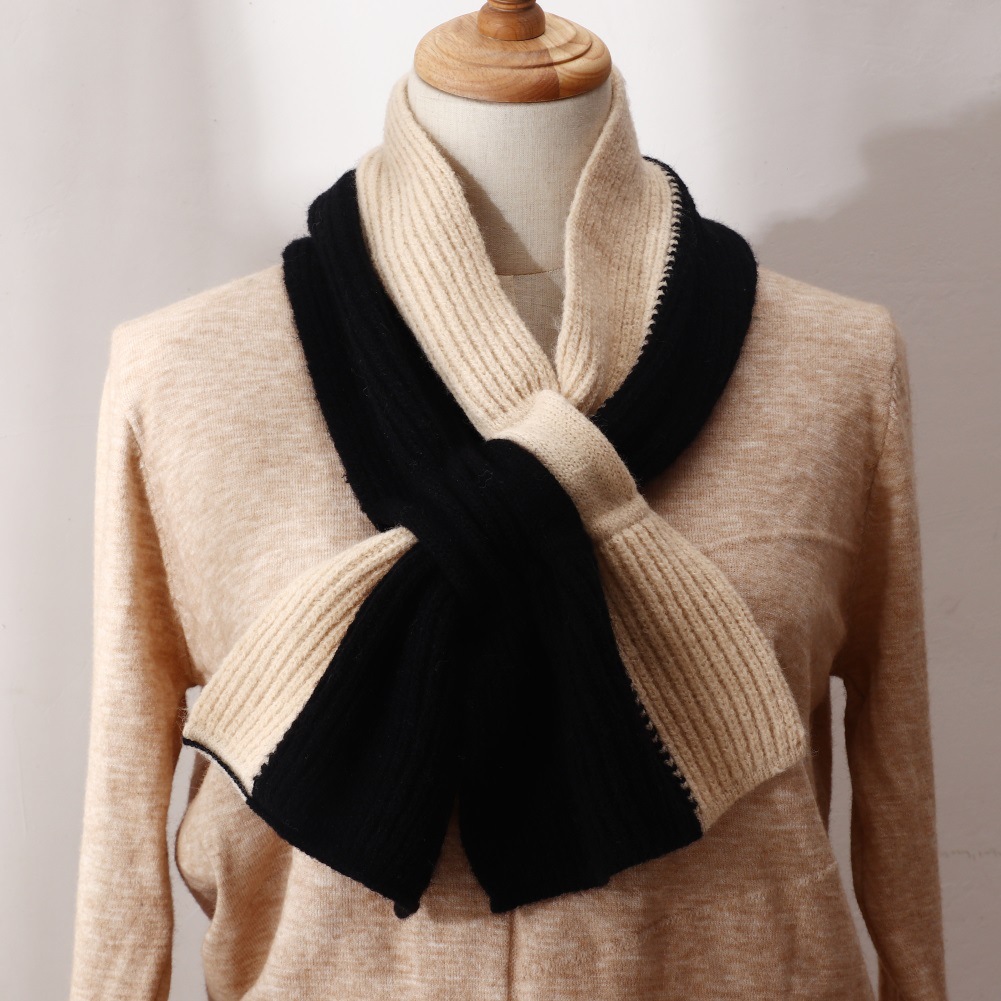 韩版新款粗毛线拼色交叉围巾针织女韩国百搭秋冬保暖围脖学生披肩