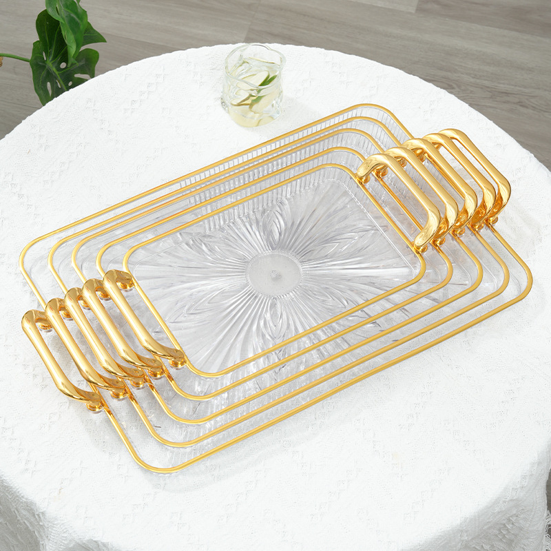 Transparent Golden Edge Fruit Plate Light Luxury Handle Fruit Plate Pet Snack Dish Dried Fruit Tray Nut Plate