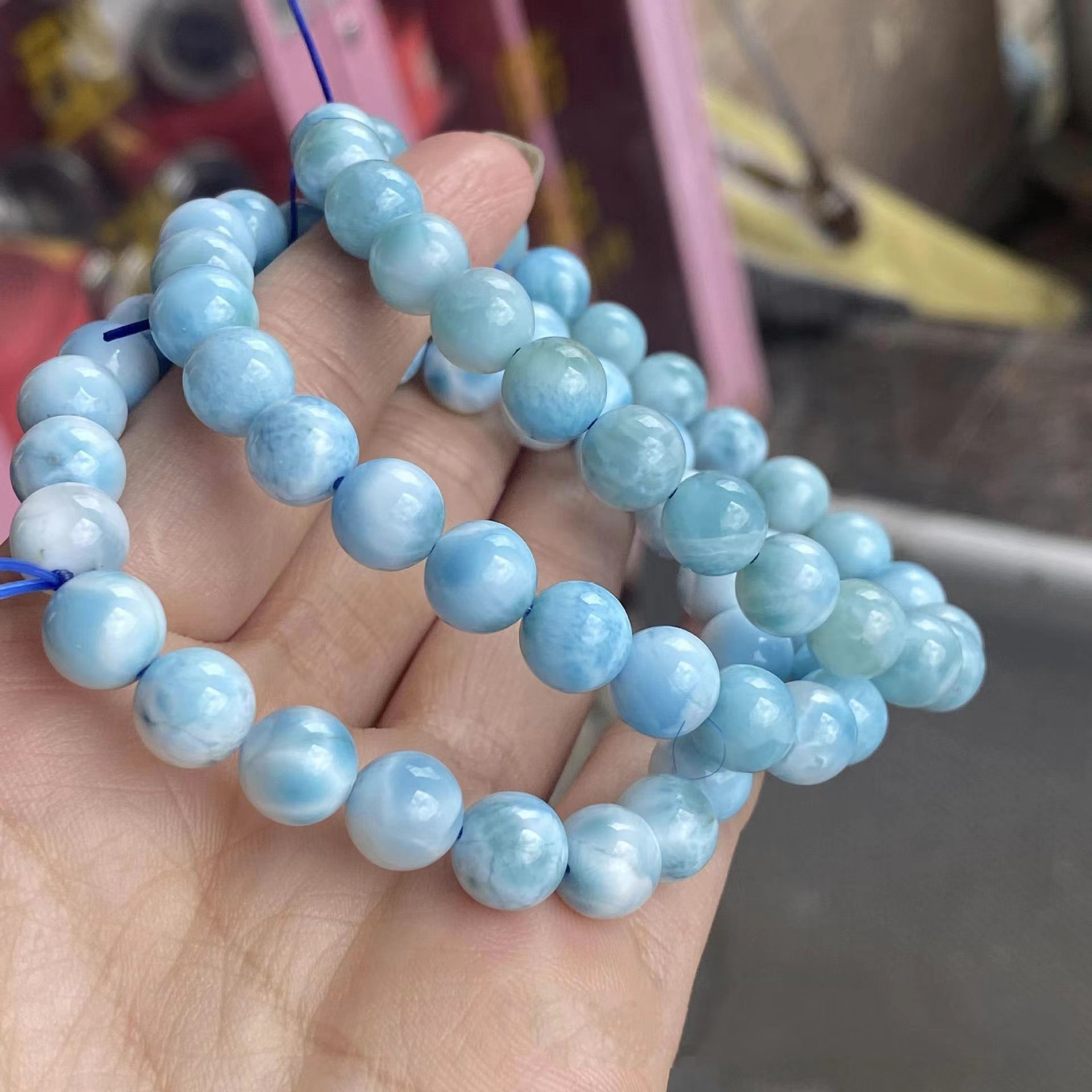 天然海纹石圆珠手链工厂批发深蓝龟背纹男女款海纹石拉利玛跑量