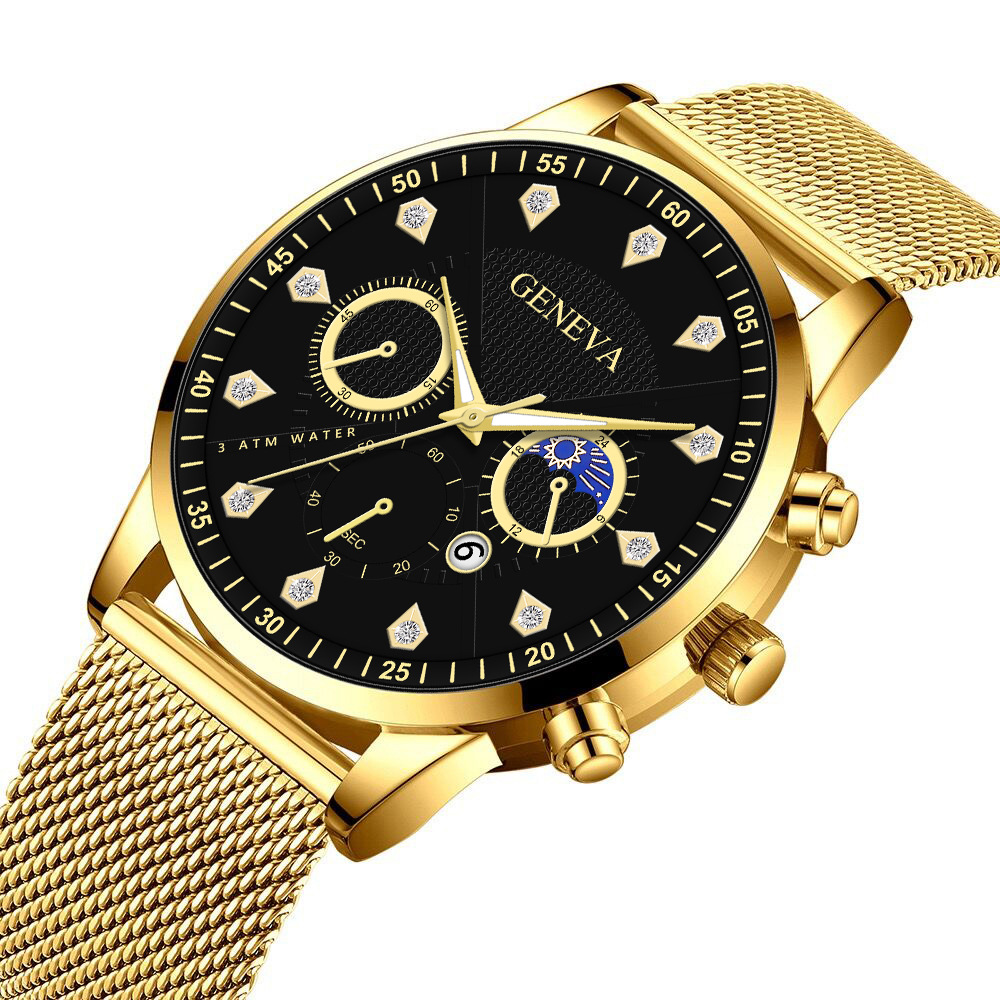 geneva时尚日月星辰镶嵌莱茵石男士网带手表假三眼日历石英表男款
