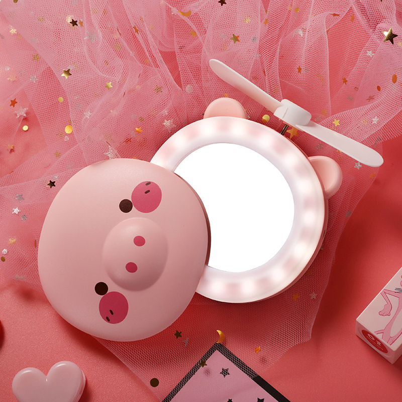 Internet Celebrity Portable Piggy Fan Makeup Mirror Led Make-up Mirror Mini Rechargeable Handheld Powder Piggy Dressing Fill Light Mirror