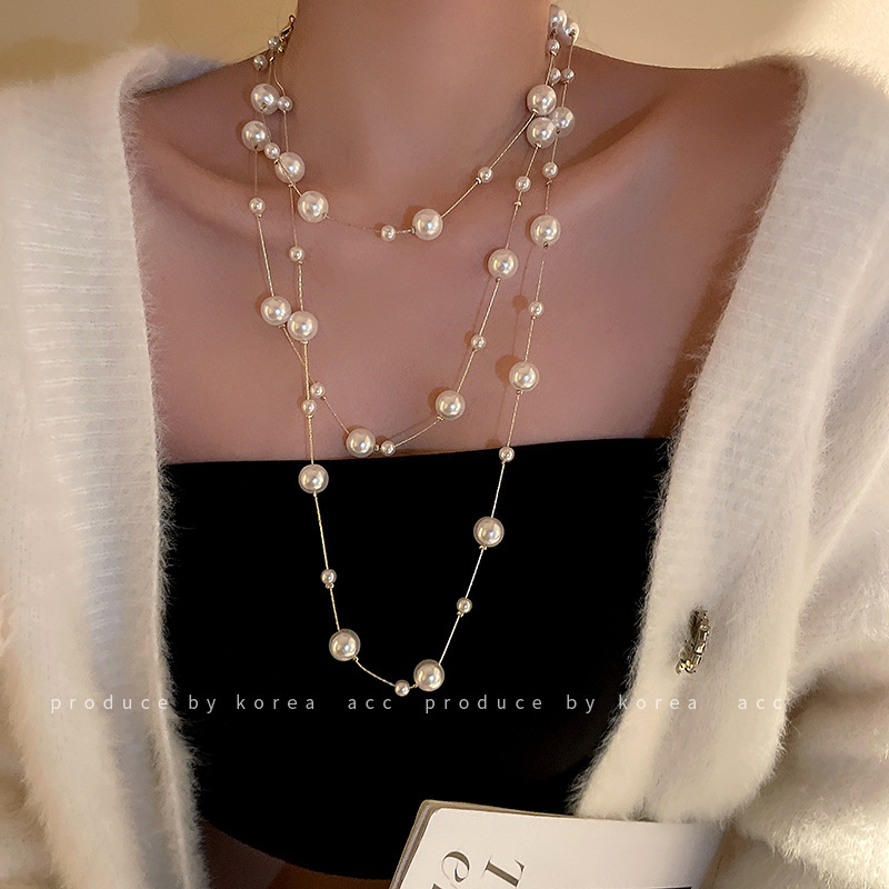 Super Fairy Long Pearl Necklace Trendy Temperament Palace Style Niche Design Clavicle Chain Exquisite Gentle Sweater Chain