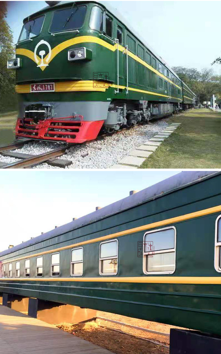 大型户外蒸汽复古火车头展览摆件模型拍照打卡绿皮车厢餐厅售卖亭