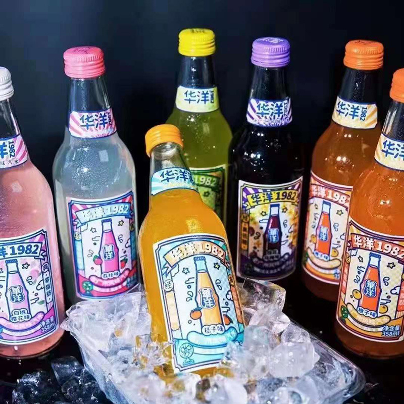 华洋1982汽水果味果汁碳酸饮料真低糖0脂玻璃瓶网红整箱批发358ml