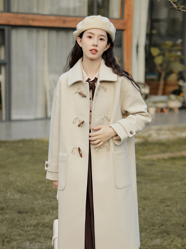 牛角扣呢子大衣女中长款小个子2022新款秋冬季加厚学院风毛呢外套
