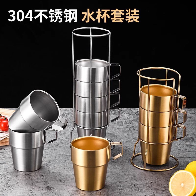 Outdoor Camping 304 Stainless Steel Double-Layer Cup 4-Piece 6-Piece Set with Handle Coffee Cup Heat Insulation Cup Beer Cup