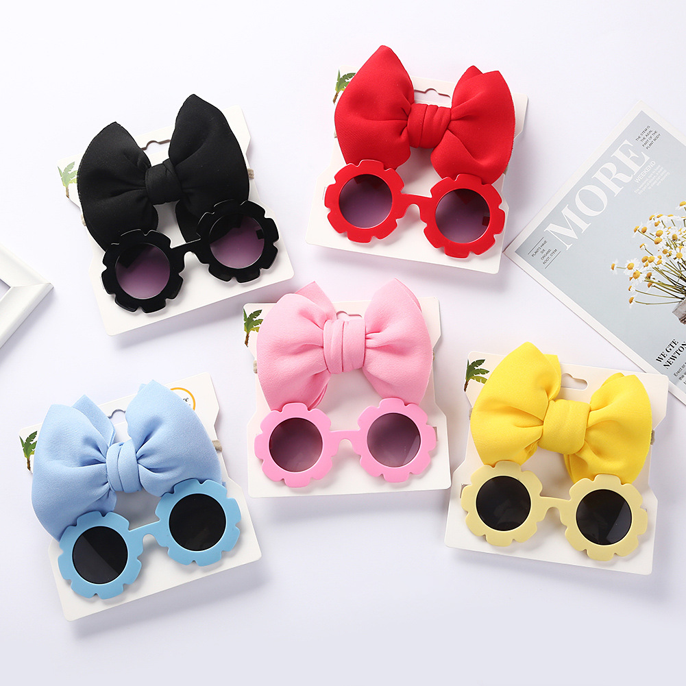 Children's Sunglasses Headband Combination Set Fashion Cartoon Baby Toy Sunshade Glasses Space Cotton Solid Color Hair Band