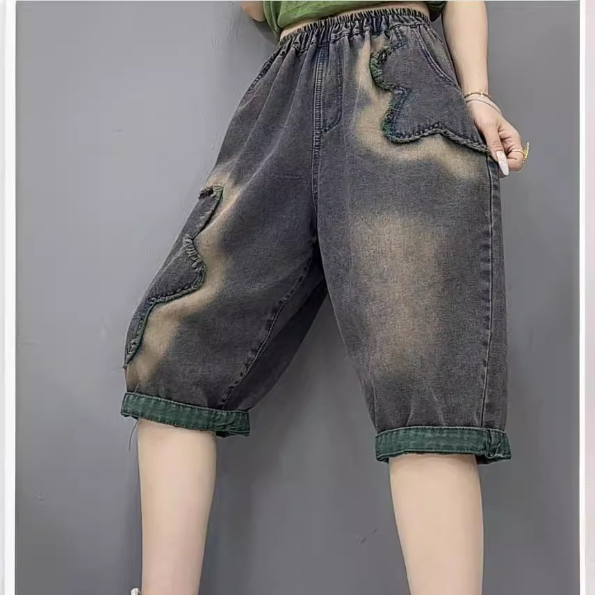 2024夏复古民族风简约文艺净版做旧水洗牛仔六分裤松紧腰小脚裤