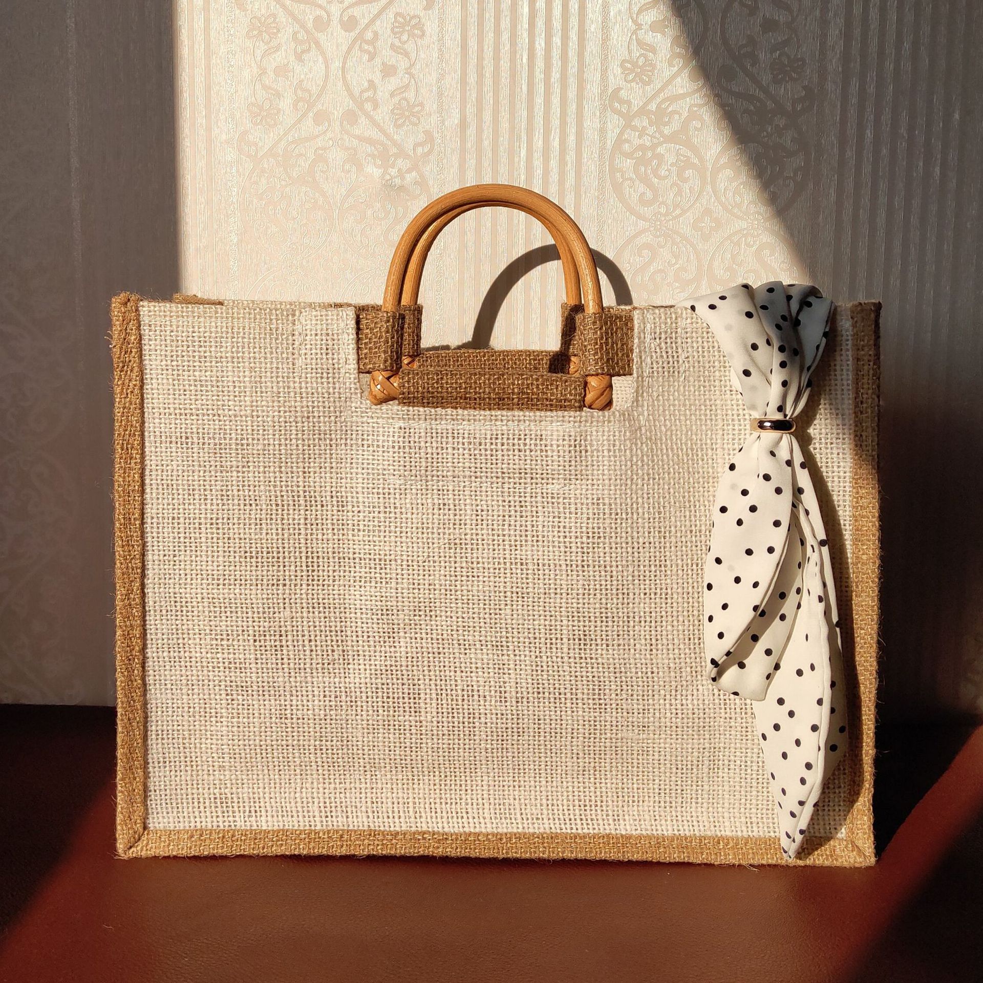 新品蝶古巴特手工材料包白色手拎黄麻袋春节礼品袋藤编手提麻布袋