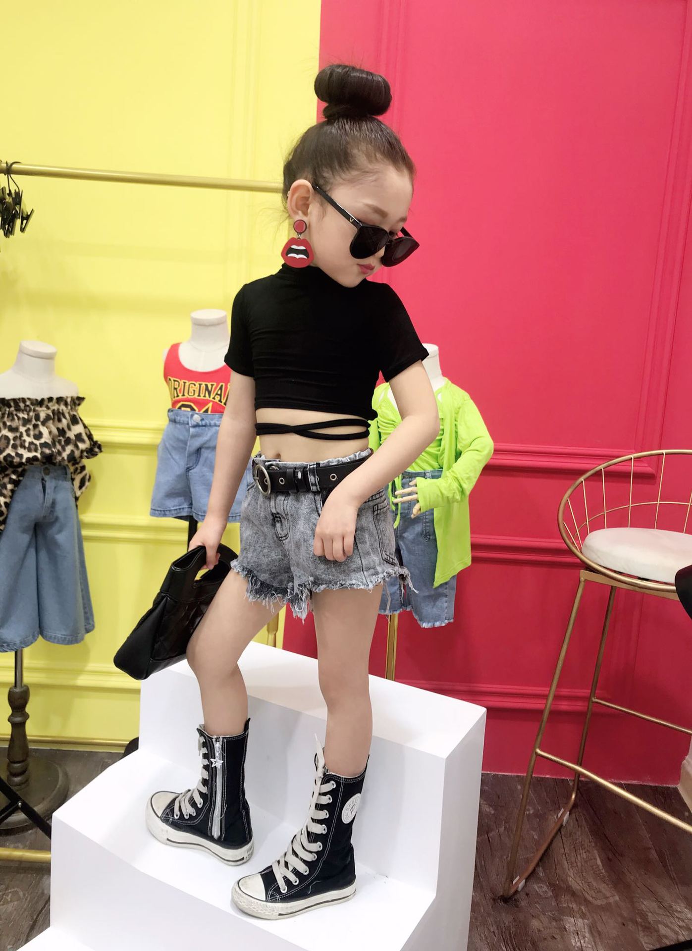 女童系带t恤韩版儿童宝宝韩版高领夏季漏脐腰上绑带棉短袖t恤代发